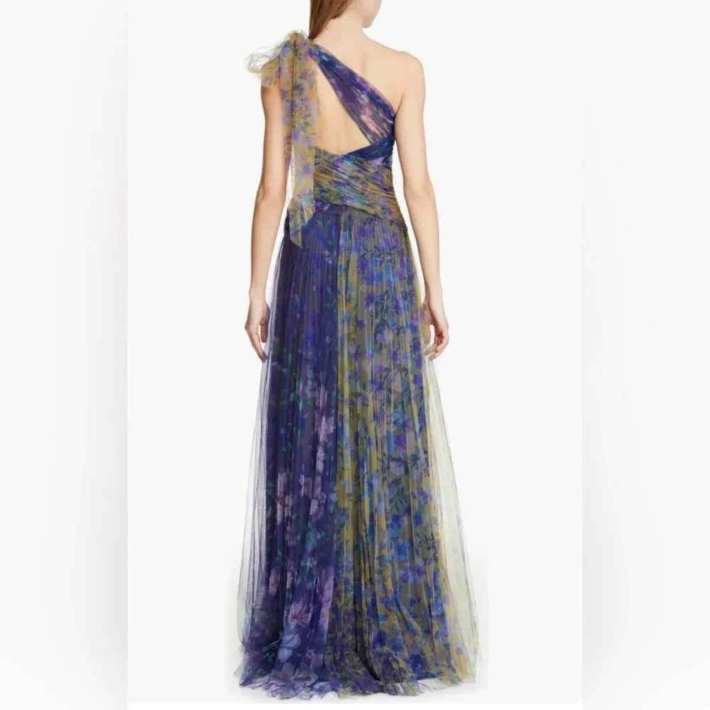 NWT MARCHESA NOTTE One-Shoulder Bow-Detail Tulle Gown In Navy. Size 12